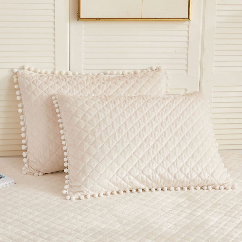 LIFEREVO Set of 2 Diamond Quilted Velvet Bed Pillowcases 20"x26", Pom Poms Fringe Decorative Throw Pillow Shams, Soft Bed Pillow Cases Zipper Closure for Teen's Girls Bedroom (Beige, Standard) - Image 1